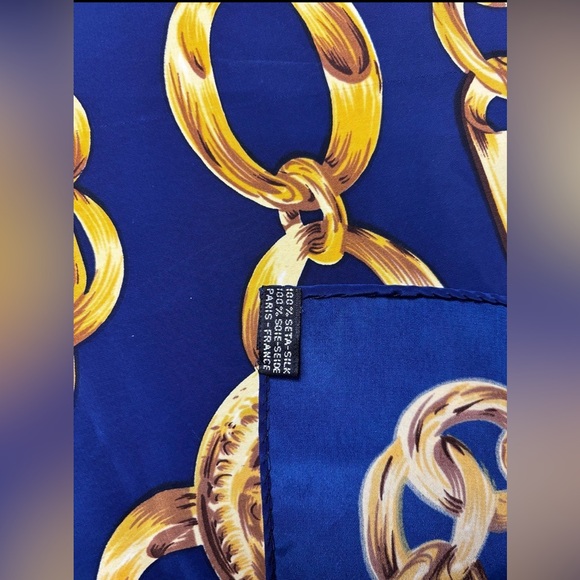Vintage Chanel Silk Scarf Blue Gold Chains - Picture 3 of 5